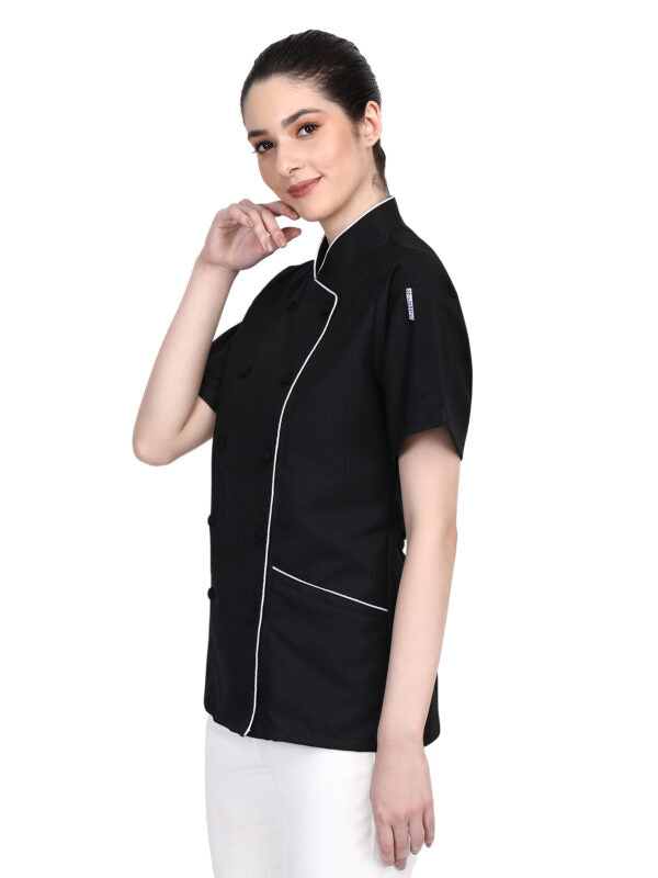 Short Sleeves Tailored Fit Chef Coat Jacket Uniform for Women for Food Service, Caterers, Bakers and Culinary Professional – Black